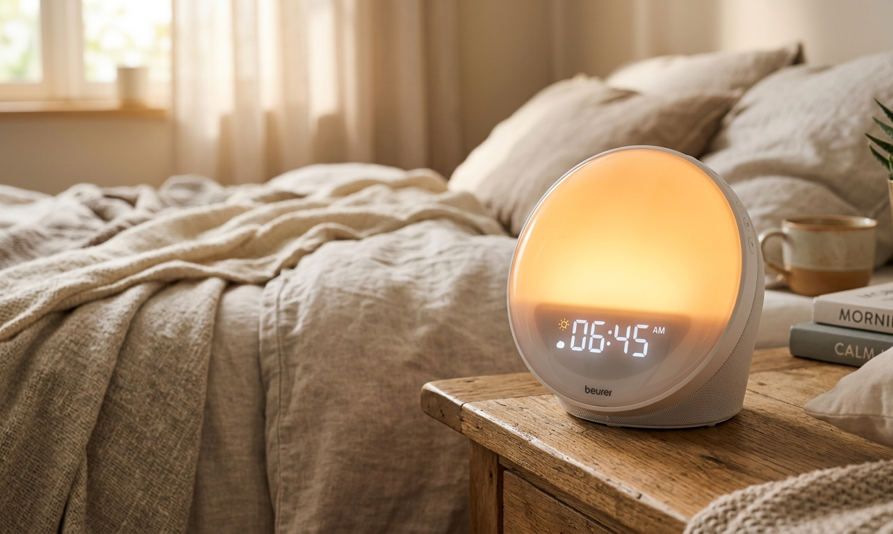 Sveglia luminosa che simula l'alba in una camera da letto accogliente